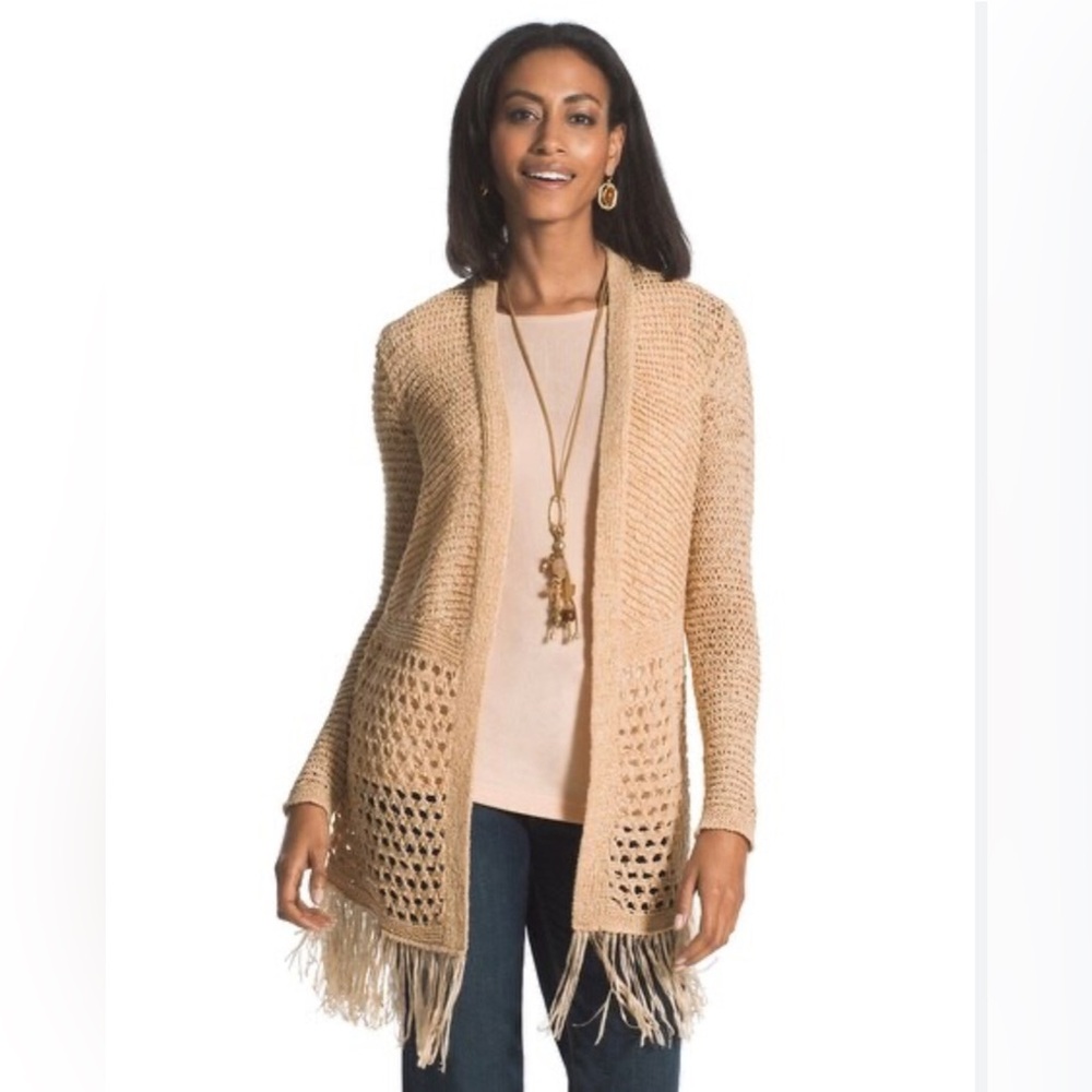 Chicos Travelers Collection Fringe Cardigan, Size 0